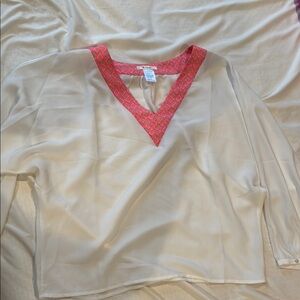 Cream Blouse with pink Patterned V-Neck